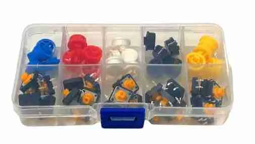 Kit Push-Button com capas coloridas x 25un 5 cores com maleta 12x12mm