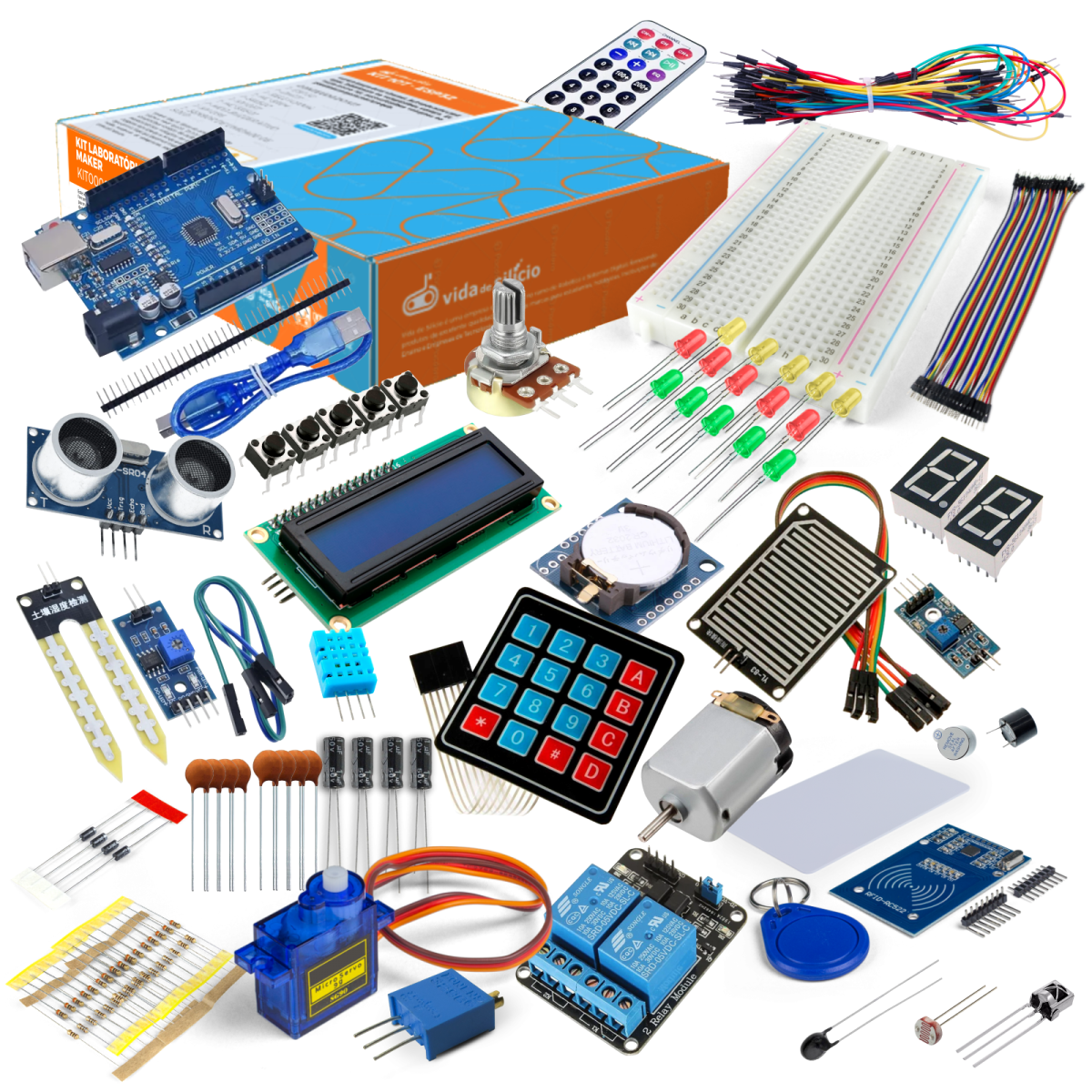 Kit Maker Com Arduino ccom diversos módulos e acessórios para prototipação